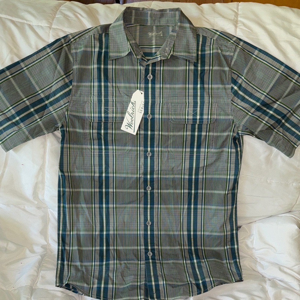 Woolrich Men's Blue and Green Plaid Button Down Shirt - Size S